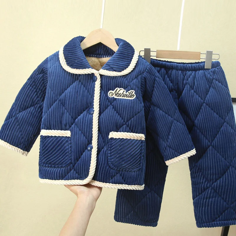 Autumn Winter Children's Pajamas Thickened and Velvet Flannel Baby Quilted Warm  Boys Girls Solid Home Set