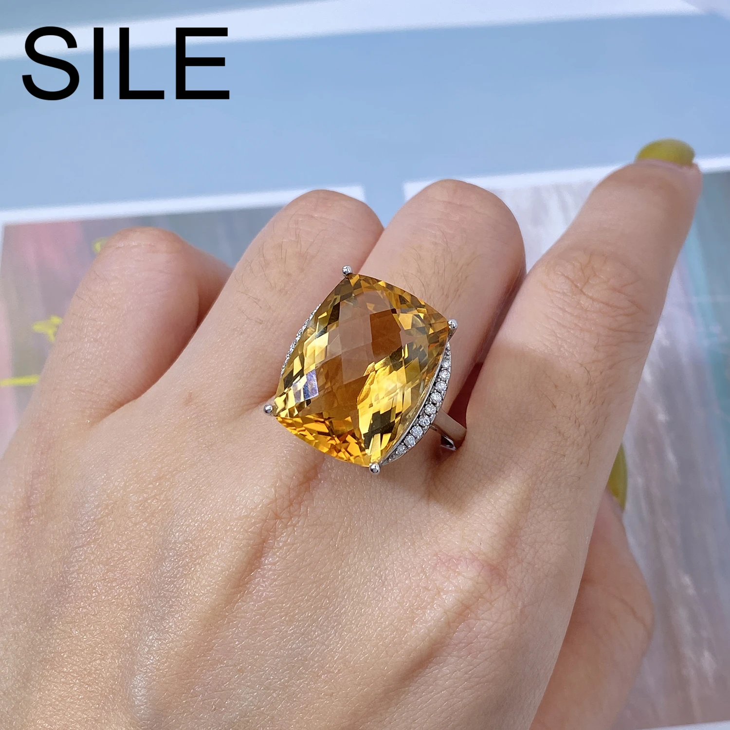 

SILE Yellow Gemstone Rings Natural Citrine Inlay 925 Sterling Silver Jewelry For Women Luxury Party Wedding Bands Jewel Gifts