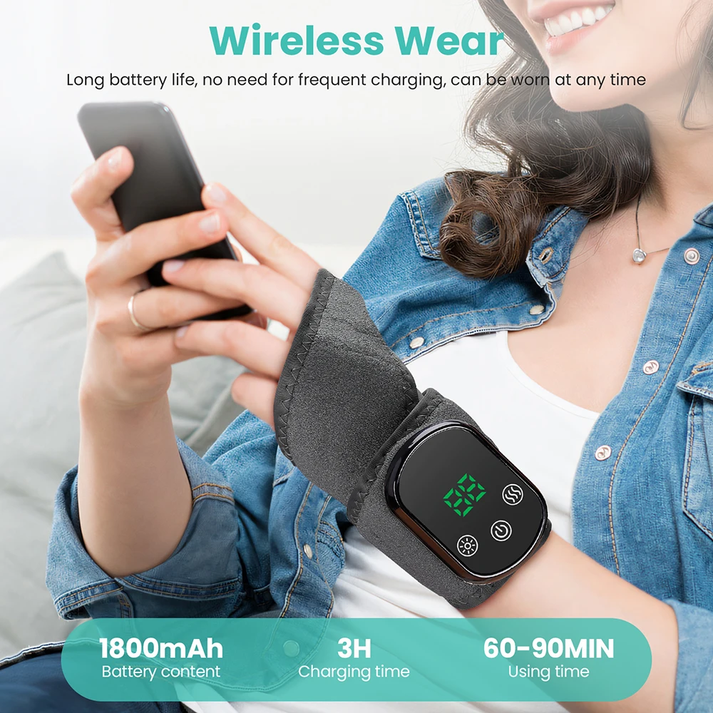 Electric Hand Massager 3 Modes Vibration Wrist Massager Wireless Heating Wrist Massage Brace Wrap Relaxation Kneading Massage