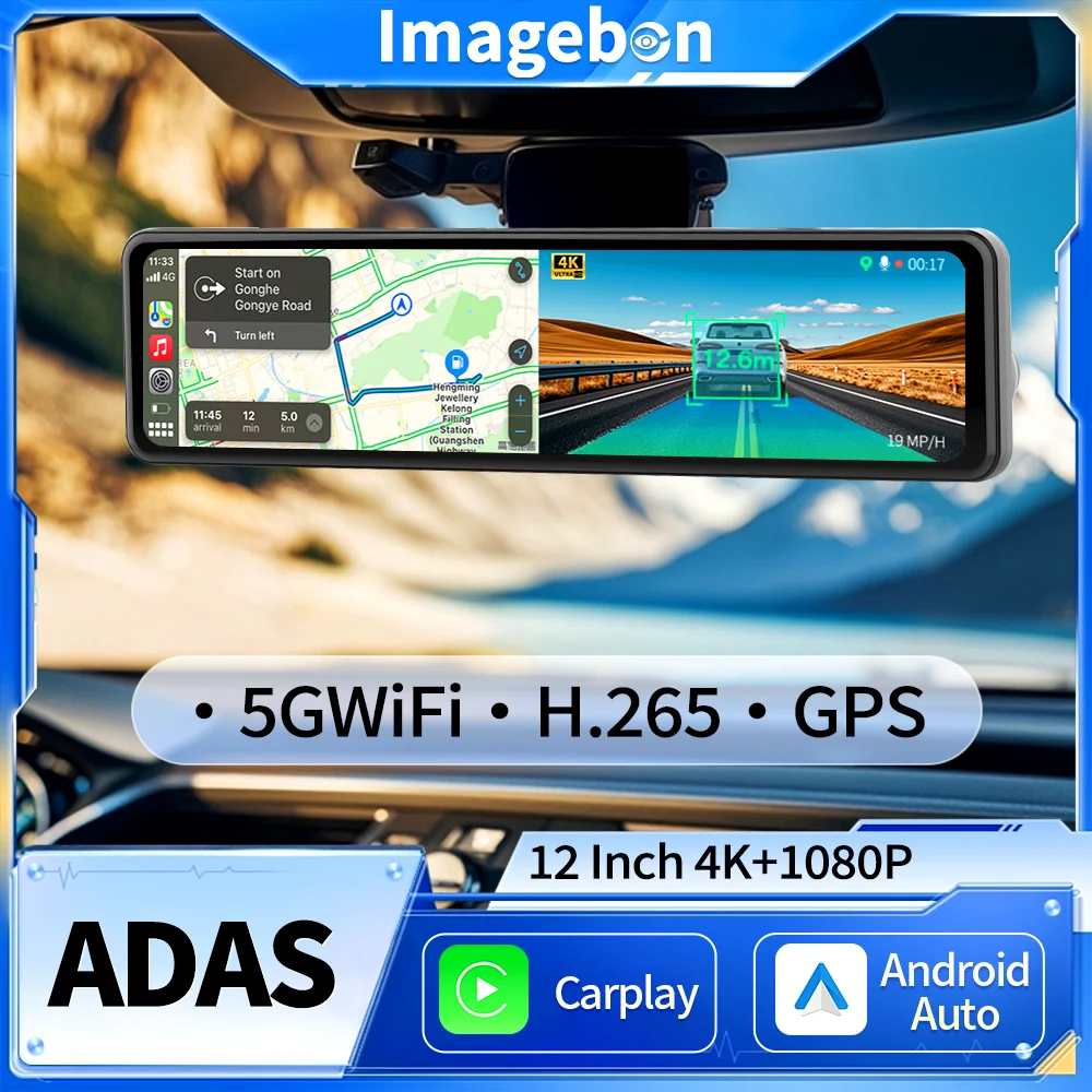 12 Inch 4K Car Rearview Mirror Camera Wireless CarPlay Android Auto ADAS GPS AUX FM Night Vision Video Recorder