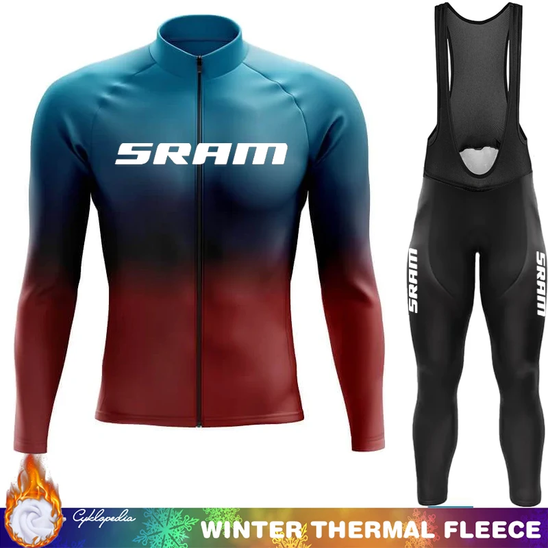 SRAM Cycling Jersey Men Winter Thermal Fleece Clothing Man Set Long Sleeve Outfit Sportswear Triathlon Bib Retro Jumper Mtb