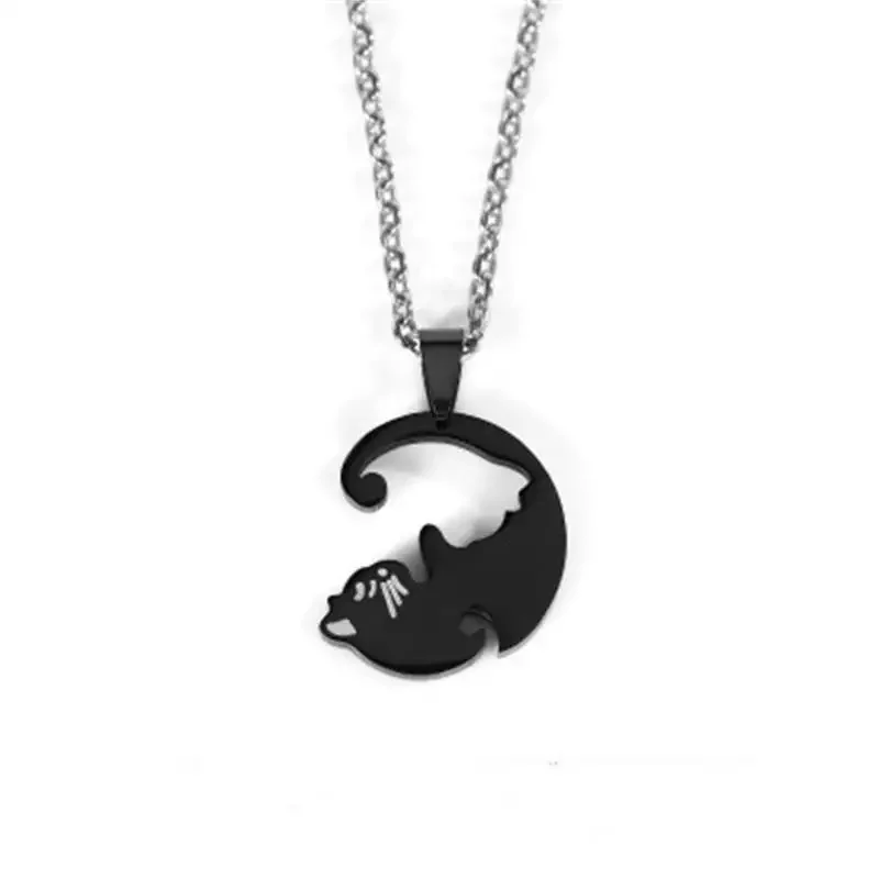 Colliers de Couple deux chats, bijoux en acier inoxydable, noir et blanc, pendentif Animal chaton, ras du cou, cadeau d'amitié pour amoureux_voghion.com