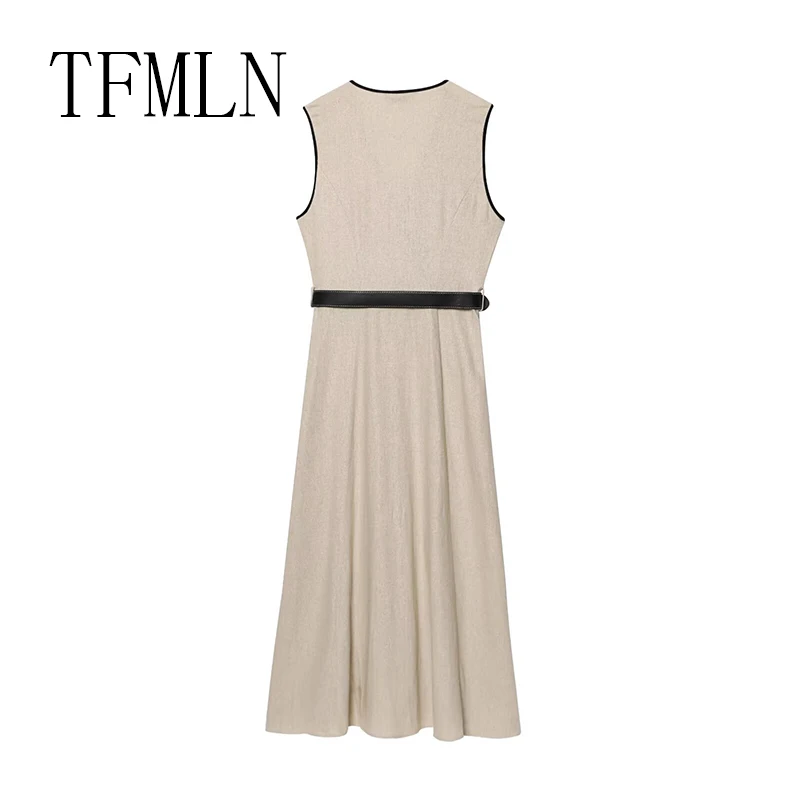 TFMLN New Fashion Women Midi Dress With Belt Spring Autumn V-Neck Sleeveless Female Chic Vintage Dresses Elegant OL Streetwear
