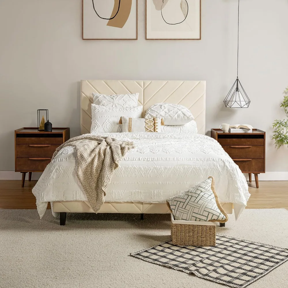 2 Drawer Nightstand with Charging Station, Mid-Century Modern Bedside Tables with Wood Legs, Wood Night Stand 5
