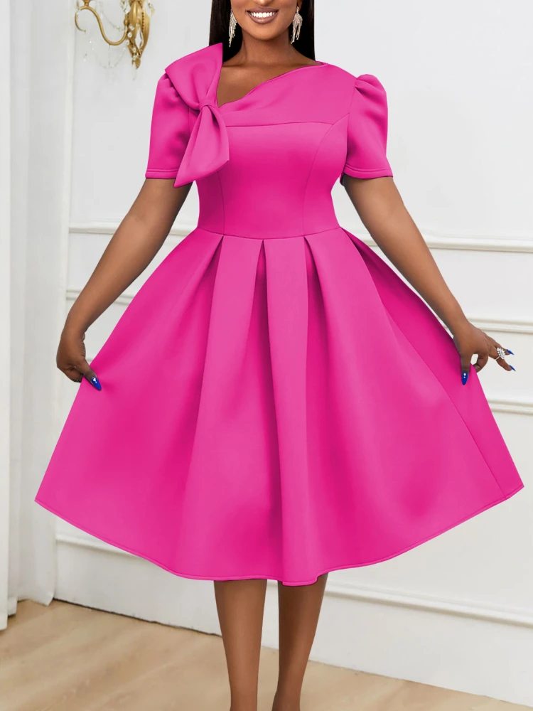 

Women Prom Party Dress Bowtie Short Sleeve Pleated Fit and Flare Princess Elegant Formal Birthday Event Gowns Plus Size New