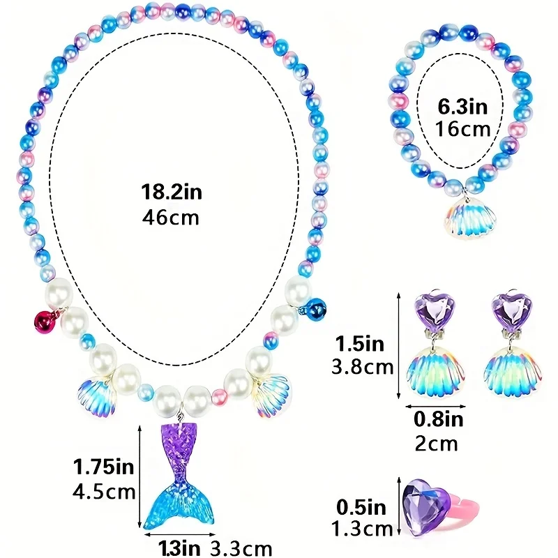 5Pcs Mermaid Jewelry Girl Dress up Toy Set Shell Necklace Bracelet Ring Earrings For Mermaid Party Costume sticker jewellery toy