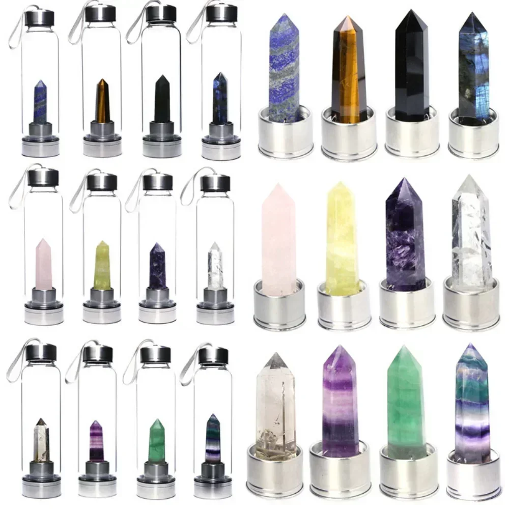 500ml Natural Crystal Water Bottle Crystal Glasses Stainle Steel Cup Healing Obelisk Wand Elixir Quartz Wand Heals Energy Chakra