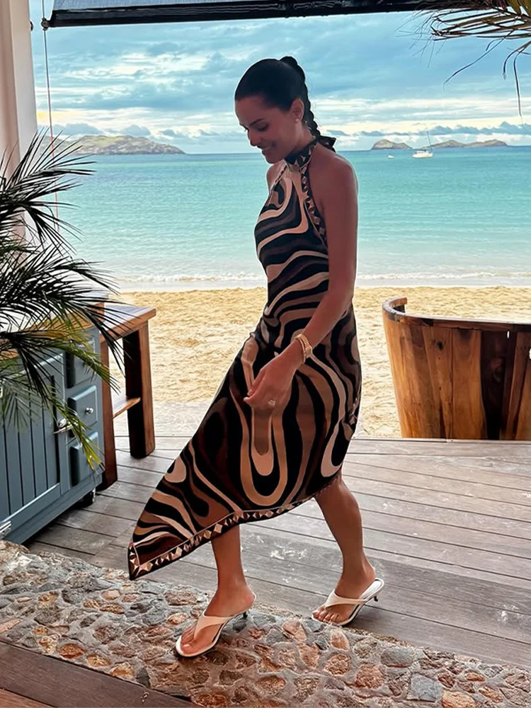 Beach Print Skew Dress Women Halter Sleeveless Backless High Waist Straight Robe Female 2026 Summer Chic New Holiday Dresses - Image 6