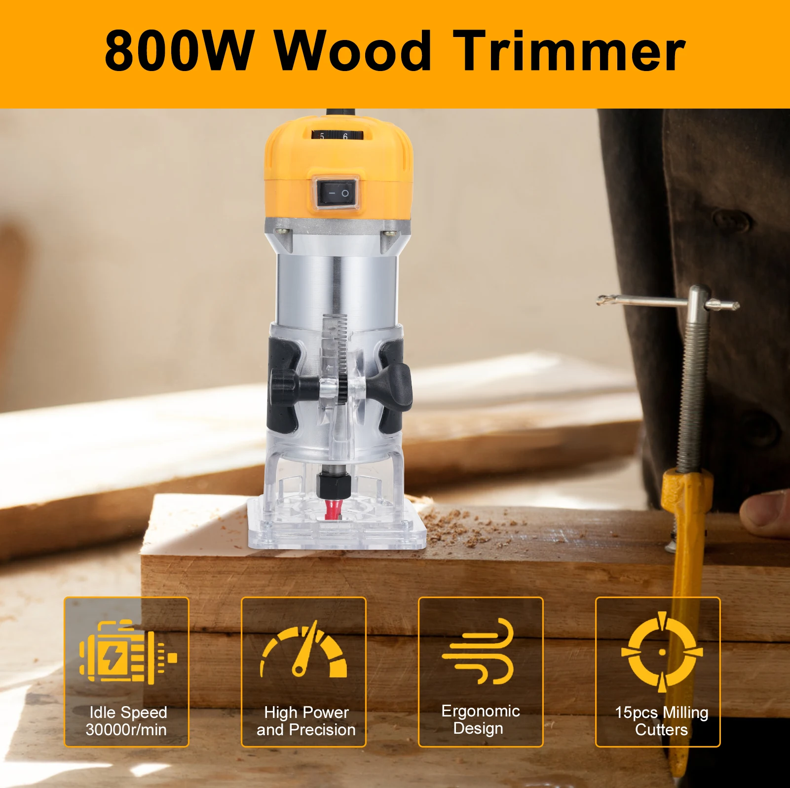 Wood Router 800W Wood Trimmer 30000r/min 6 Variable Speed with 15pcs Milling Cutter Accurate Cutting for Woodworking Trimming