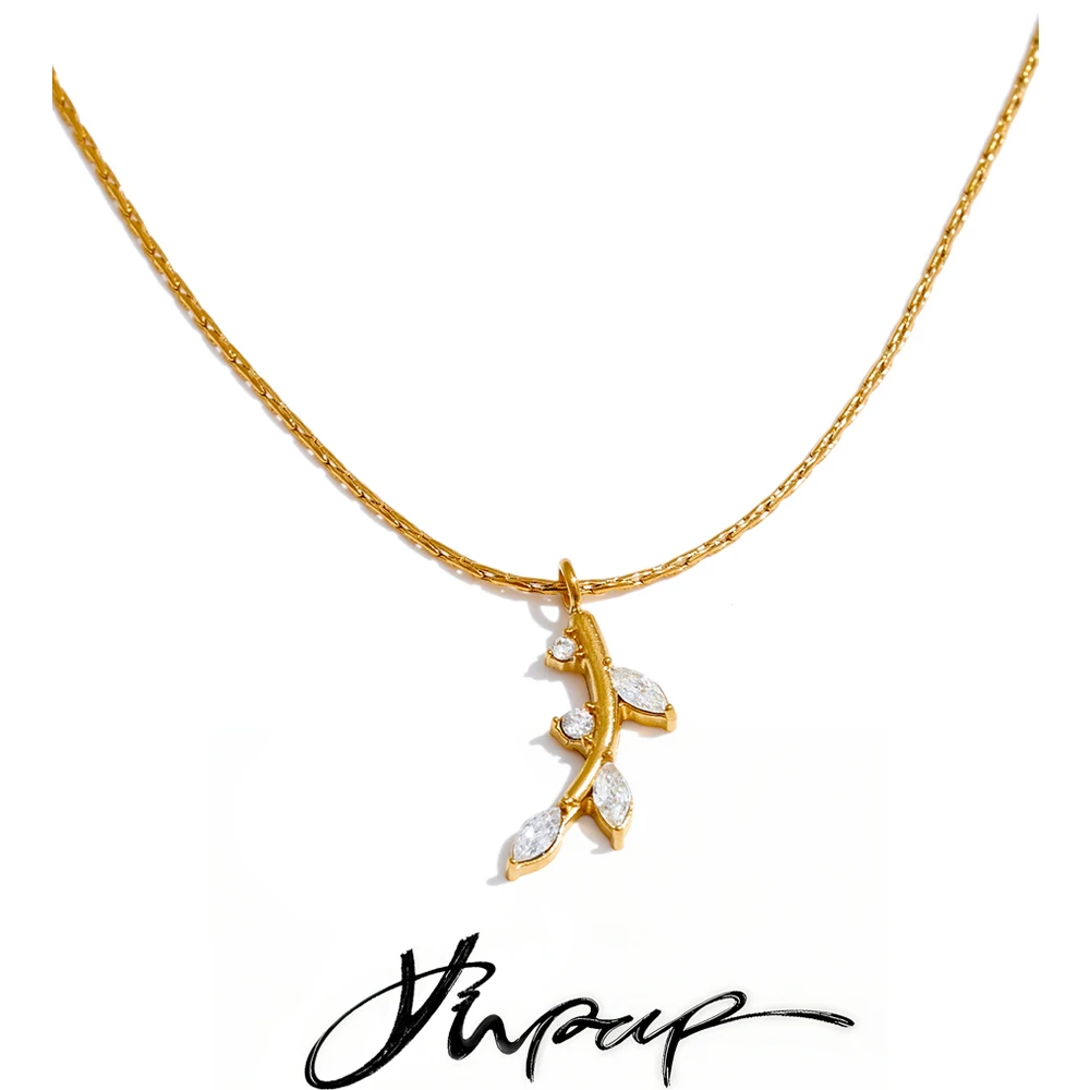 Yhpup Cubic Zirconia Leaf Pendant Necklace for Women Stainless Steel