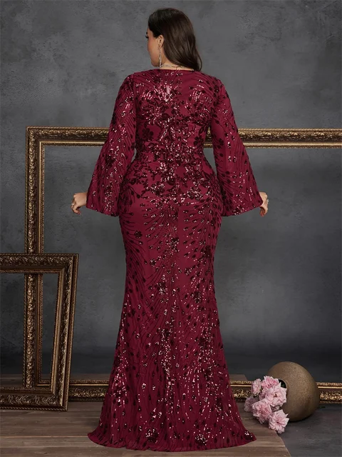 BLUEPLUM Plus Size Luxury Black Evening Dresses Women Long Sleeve Mermaid Formal Sequins Prom Wedding Party Cocktail Gowns 2