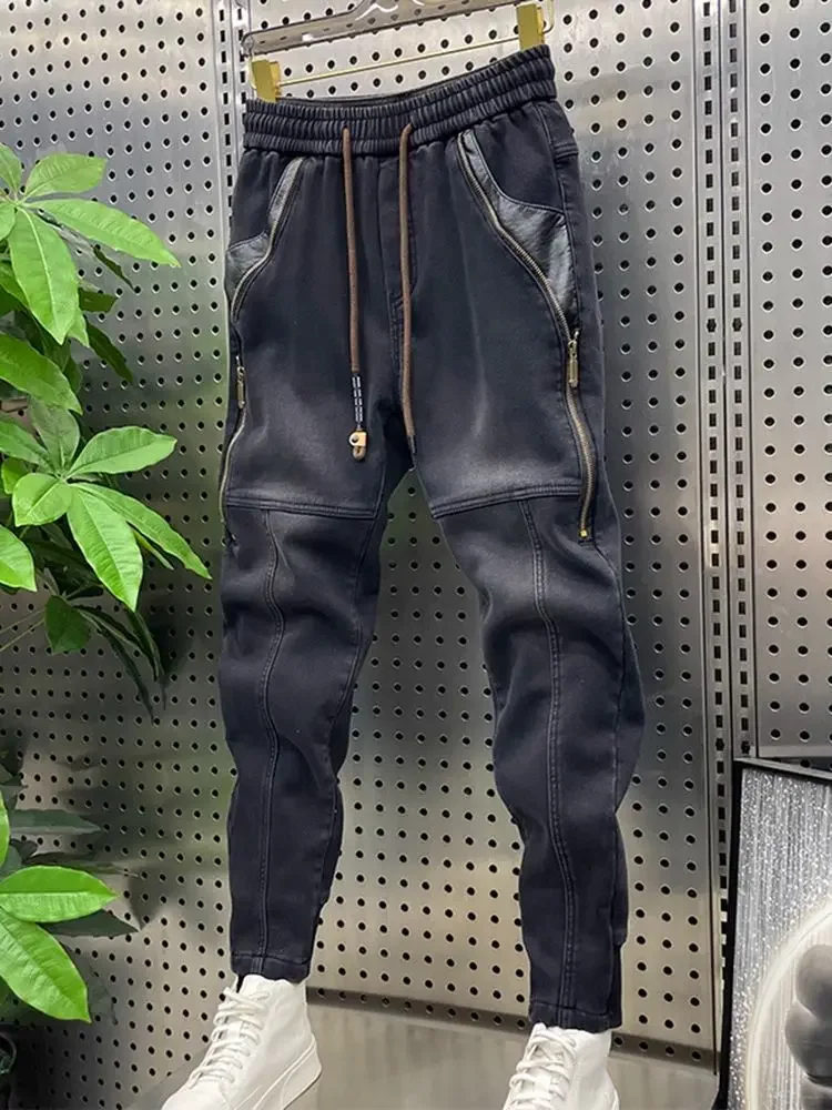 Harajuku Style Skinny Jeans Leather Stitching Multi-zip Pants High Quality Brand Men's Clothing 3