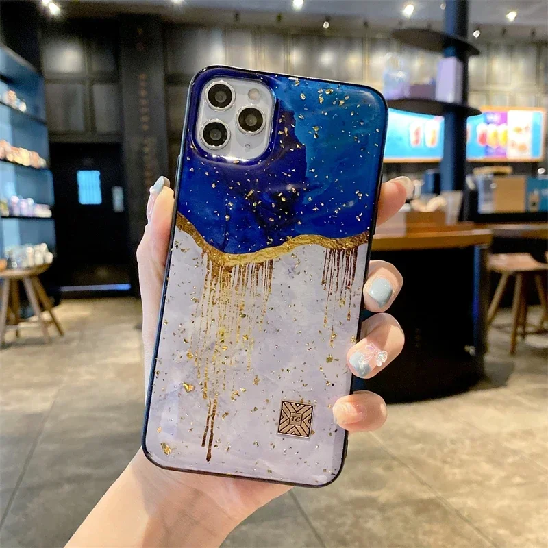 Luxurious Marble Silicone Epoxy Glitter Phone Case with Gold Foil Feather Design