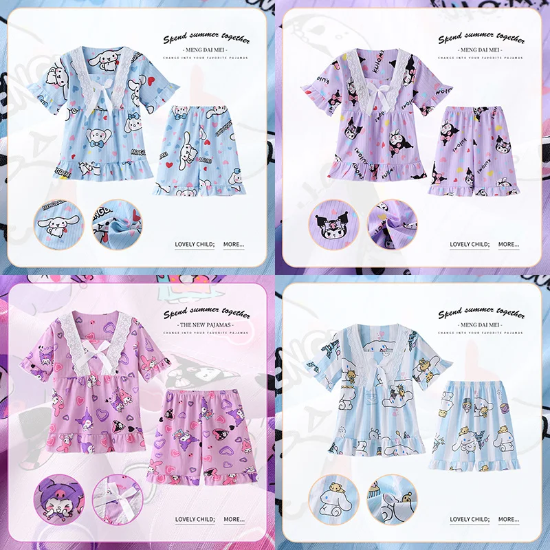 

2024 Summer Kawaii Kids Princess Sleepwear Anime Cinnamoroll Kuromi My Melody Children's Pajamas Sets Girls Pijamas Home Clothes