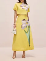 Bonboho Women's Matching Set Floral Printed Short Sleeve Cropped Top & Flared Midi Skirt 2026 Summer Casual Skirt Sets - Image 5