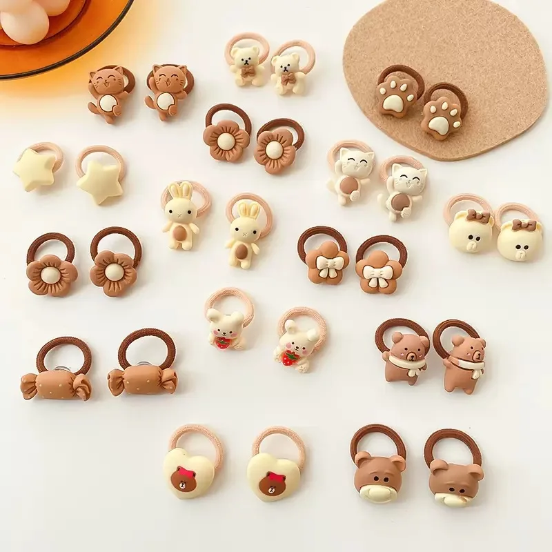 10Pcs/Set Cute Baby Girls Small Elastic Hair Rope Sweet Cartoon Bear Hair Accessories Lovely Flower Mini Scrunchies for Kids