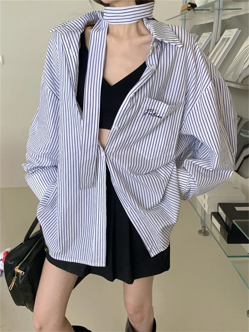 

PLAMTEE All Match Blue Shirts Women Stripes Full Sleeve New Loose Office Lady Autumn 2023 Camping High Street Casual Blusas