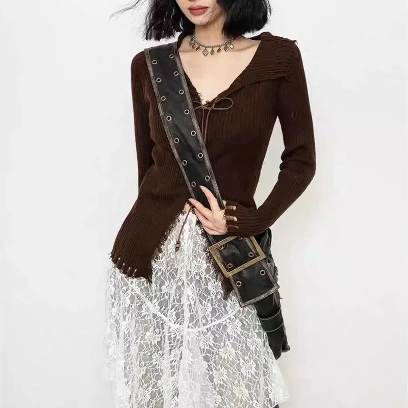 New Autumn and Winter Street Lace-up Cardigan Fashion Knitwear Long-sleeved Sweater Casual Elegant Semi-transparent Blouse