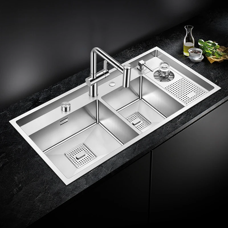 ASRAS Kitchen Double Sink Handmade Brushed 4mm Thickness Large Size 4 Holes Double Kitchen Sink With Cup Rinser Sinks