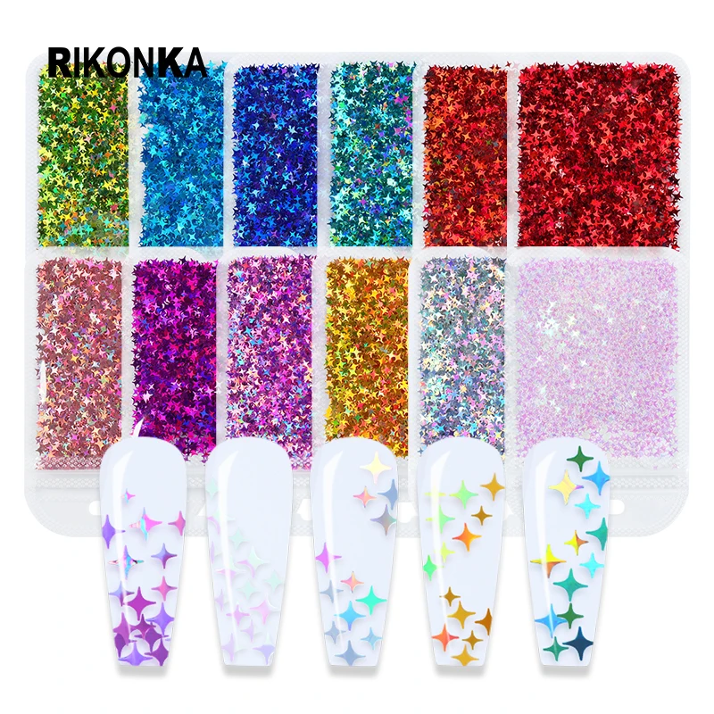 

12Pcs Holographic Starlight Nail Art Sequins Four-pointed Star Laser Glitter Flakes Set For DIY Galaxy Charms Nails Accessories