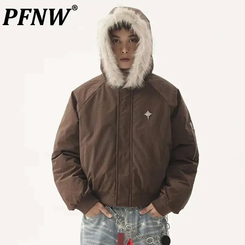 PFNW American Vintage Fur Collar Loose Casual Zipper Cotton Jakcets Men's Winter Trendy Warm Short Cotton-padded Coat CPG2188