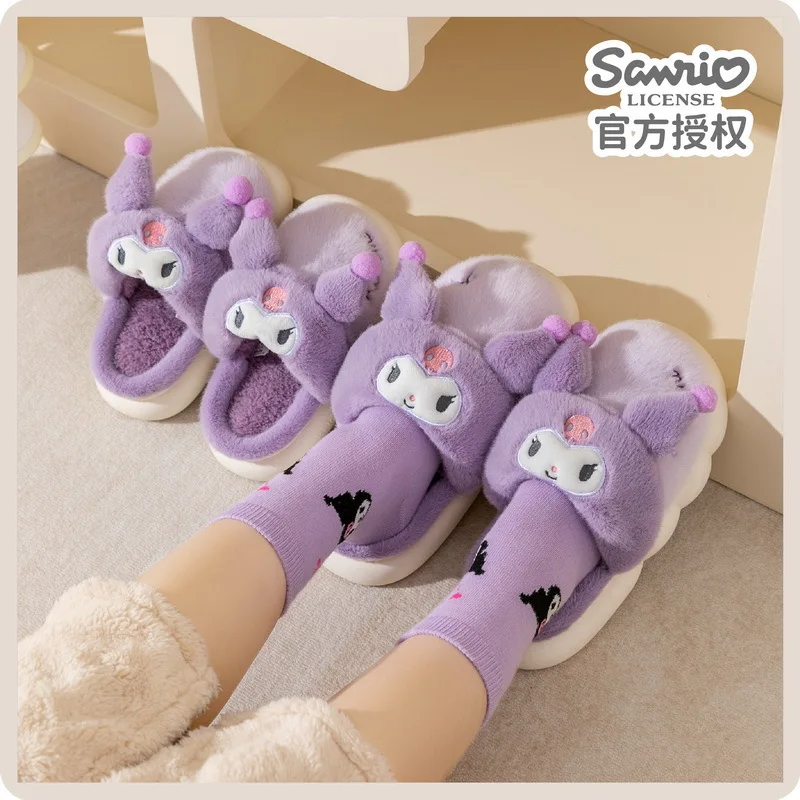 Sanrio Kuromi Slippers Kawaii Girls My Melody Cotton Slippers Women's Winter Velvet Kids Hello Kitty Warm Home Slippers Shoes