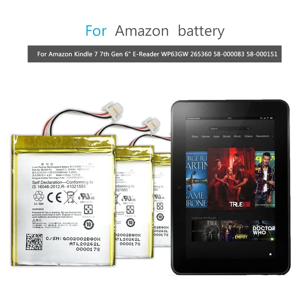 890mAh High Quality Battery For Amazon kindle 499 558 7th Generation 8th SY69JL WP63GW 58-000151 MC-265360-03