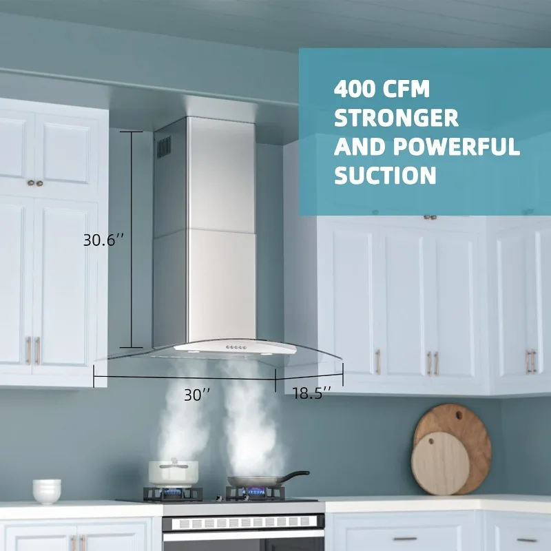 30" Range Hood Ducted/Ductless Convertible Wall Mount Range Hood with Tempered Glass Push Button Control Stainless Steel Filter 6
