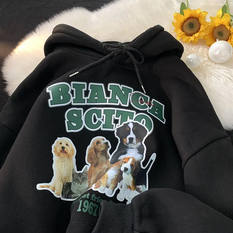

anime hoodie High Street Designer Cute Cats Dogs Print Hoodie Sweatshirt Women Apricot Pullover Japan Kawaii Y2K K Pop Clothes