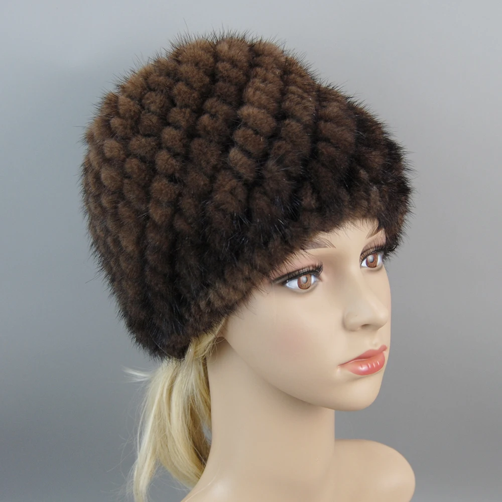 The Knit Mink Fur Hat with Fox Pom in Multiple Colors