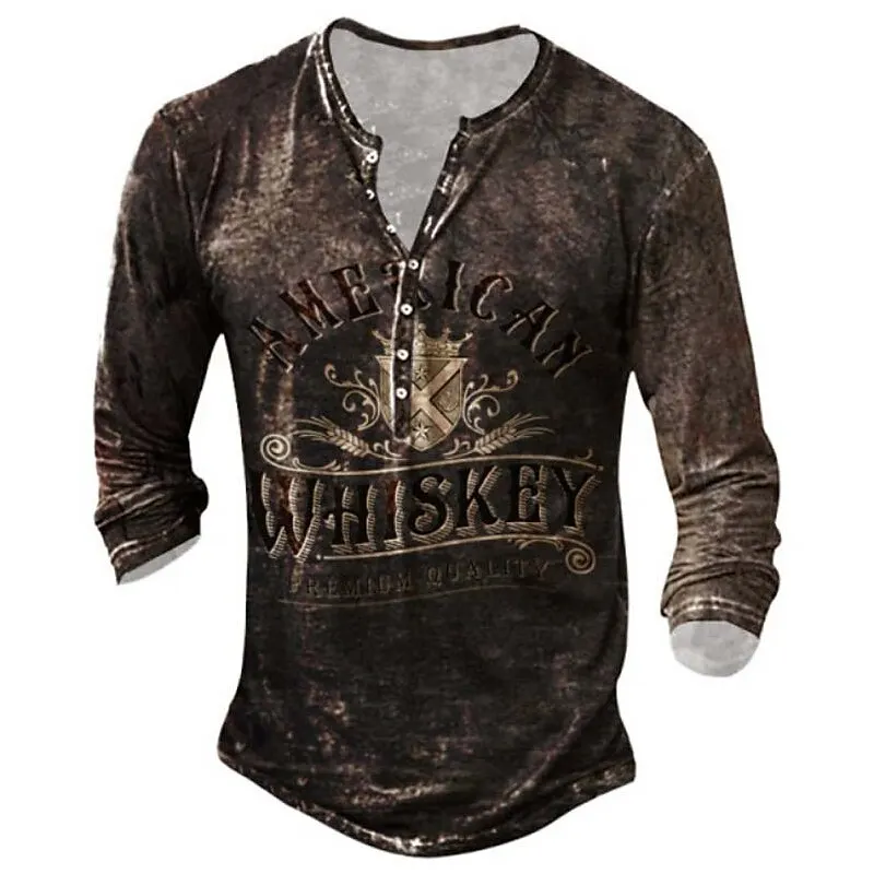 

Vintage T-shirt For Men Cotton Tee Letter Graphic T Shirts Printed Long Sleeve Tees V-Neck Button Oversized Men's Clothing Tops