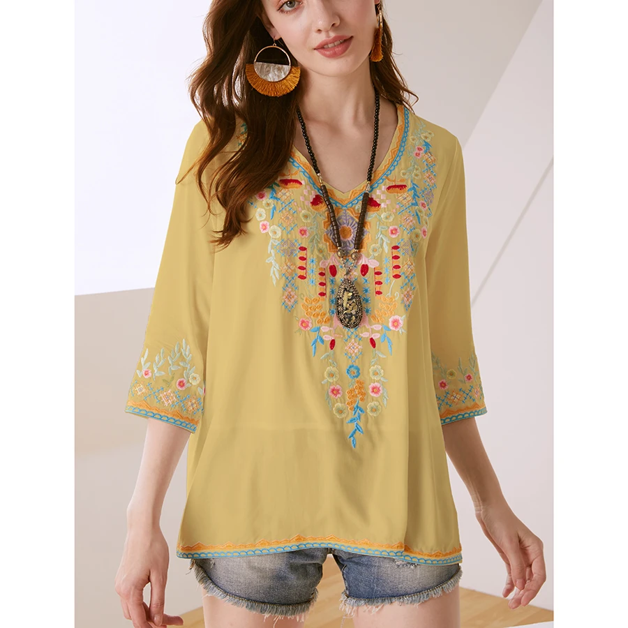 KHALEE YOSE Floral Embroidery Blouse Shirts Boho Vintage Chic Mexican Autumn Blouse 2xl 3xl Ethnic Hippie Women Shirt Blouse 3