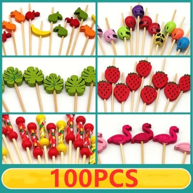 100Pcs Creative Disposable Fruit Fork Multi-style Bamboo Stick for BBQ Dessert Sandwich Food Fork Table Decoration Supplies