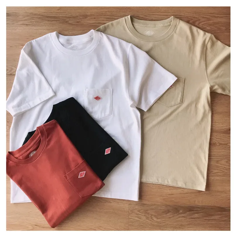 남녀공용 순면 자수 티셔츠, 반팔 티, 심플한 단색 포켓, 패션 브랜드, 일본 스타일 수출, 핫 세일 