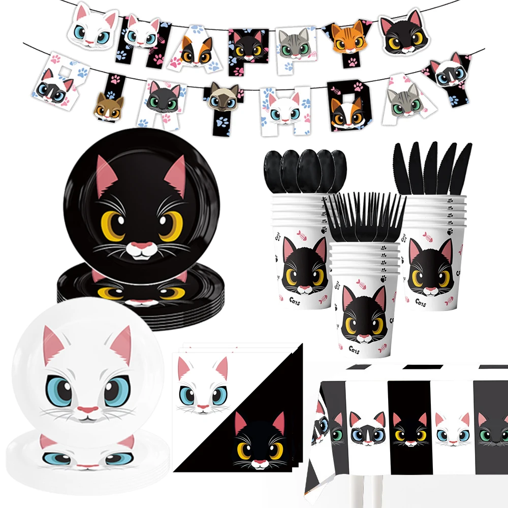 Black And White Cat Themed Birthday Party Decoration Cat Disposable ...