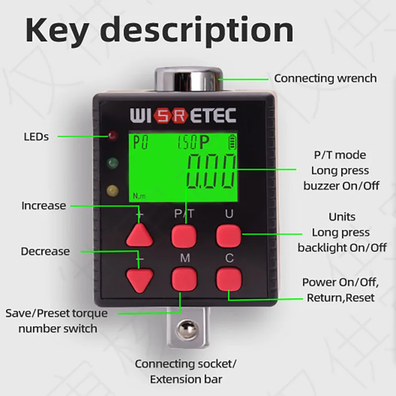 WISRETEC Digital Torque Wrench Adapter-Precision Electronic Torque Tool Converter and Meter with LCD Display Includes1/2"3/8"1/4 torque wrench