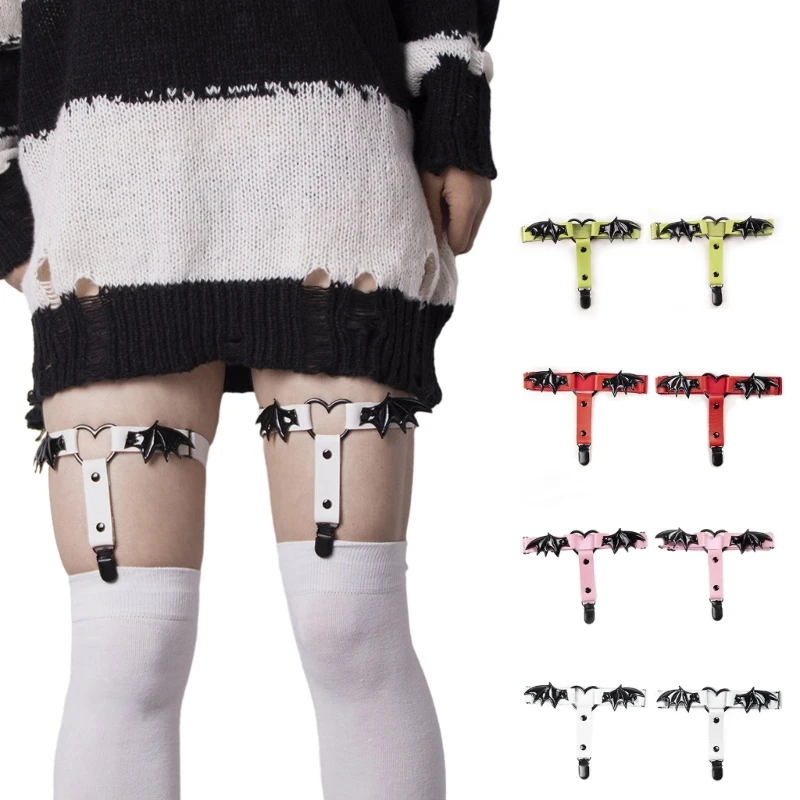 

2Pcs Women Gothic Heart Shape Thigh Garter with Bat Wing Punk Leg Garter Belt Anti-slip Stocking Clip Nightclub Party Leg Chain