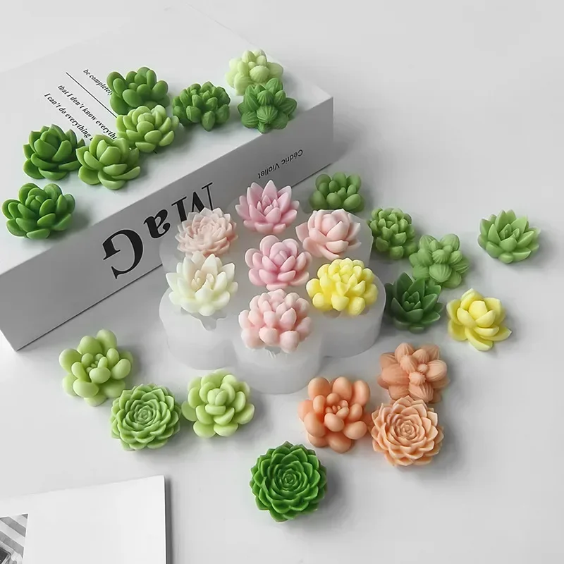 7pcs Succulent Flowers Candle 3D Cactus Lotus Rose Soap Plaster Crafts Chocolate Fudge Pastry Cake Silicone Mold