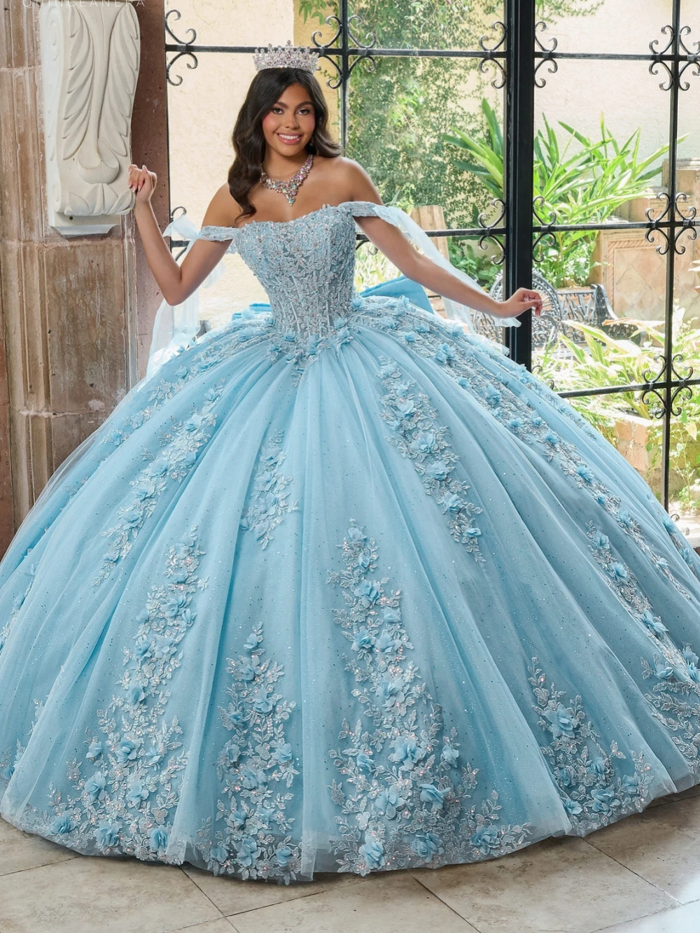 Graceful Off The Shoulder Bow Quinceanrra Prom Dresses Shinny Appliques 3D Flower Princess Long Sweet 16 Dress Vestidos