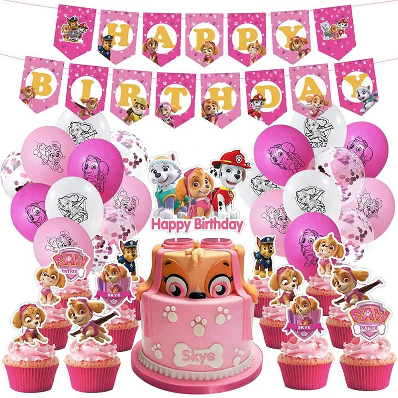 Decoraciones para fiesta de cumpleaños de la Patrulla Canina de Skye, nuevos vasos de papel, platos y servilletas de Skye, kit de globos, pancartas, suministros para eventos de baby shower