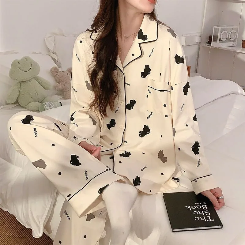 Women Pajamas Spring Autumn Female Cardigan Long Sleeve Sweet Cute Nightclothes Sets Casual Large Size Single-Breasted Homewear women pajamas spring autumn female cardigan long sleeve sweet cute nightclothes sets casual large size single breasted homewear