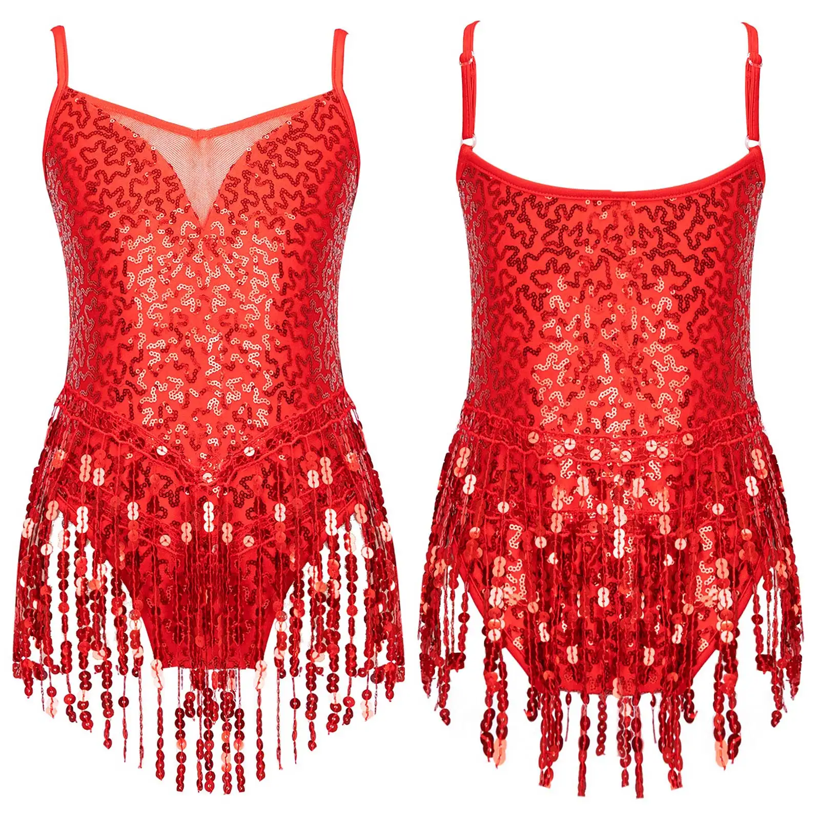Girls Latin Jazz Dance Dress Kids Shiny Sequins Tassel Fringe Mesh Ballroom Samba Tango Cha Cha