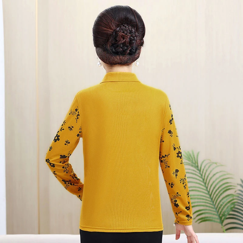 Summer Autumn Floral Printing Patchwork Diamonds Shirt Ladies Elegant Fashion Buttons All-match Blouse Women's Pullover Top