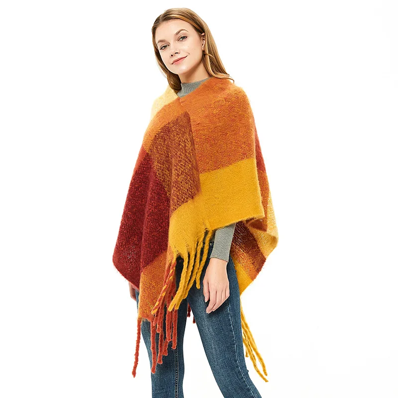 Europe  United States 2022 new Autumn Winter Women's Shawl Coarse Tassel Loop Yarn Large Lattice Warm Capes Lady Ponchos 6 colors 2022 short fur o neck loose shawl cloak plaid pullover women capes autumn winter knitted outstreet shopping poncho coat