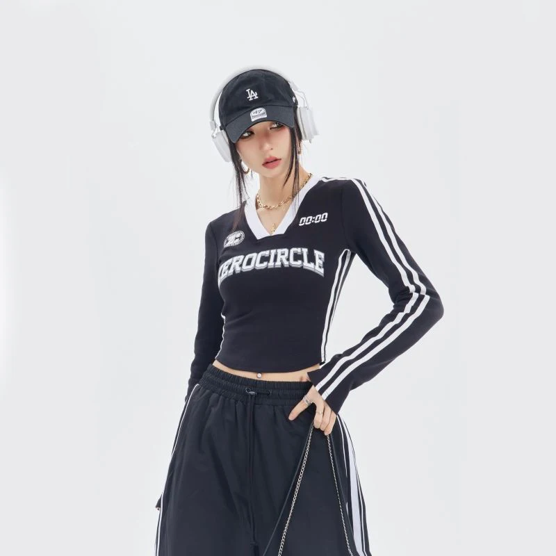 

Zoki Vintage Stitching Printing Long Sleeve T Shirts Summer Fashion Harajuku Streetwear Slim Tops All Match V Neck Cropped Tops