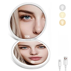 LED Pocket Mirror - Rechargeable Compact Cosmetic Mirror with Light, Travel - Friendly and Folding Design, 1X/10X Magnification (White - 10X)