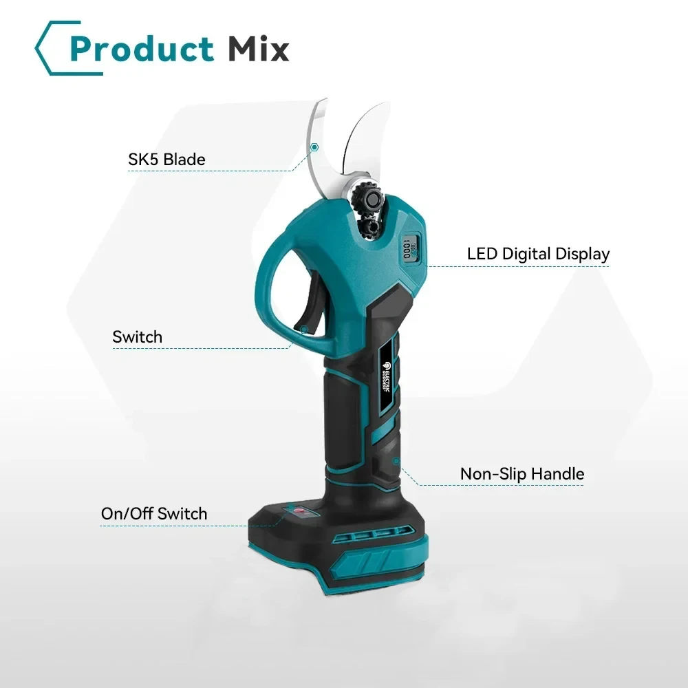 브러시리스 전기 가지 치기 가위, LED 디스플레이, 무선 과수원 관목 가지 전기 가위, Makita 18V 배터리용, 30mm