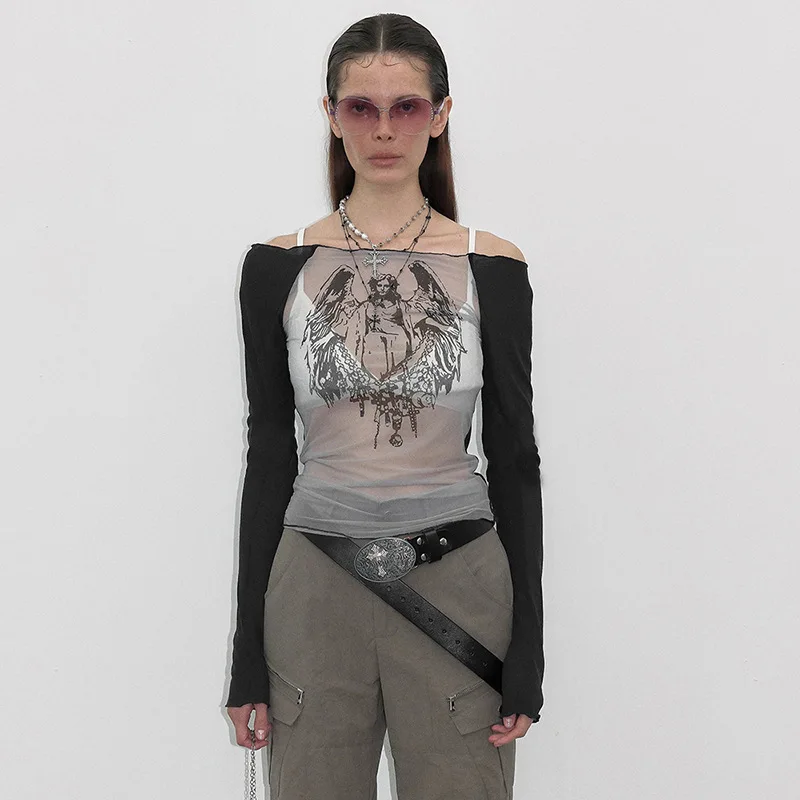 Fashion Knitted Mesh Character Print Graphic T Shirts Casual One-Piece Neckline Long Sleeve Women Clothes See-Through Y2k Top