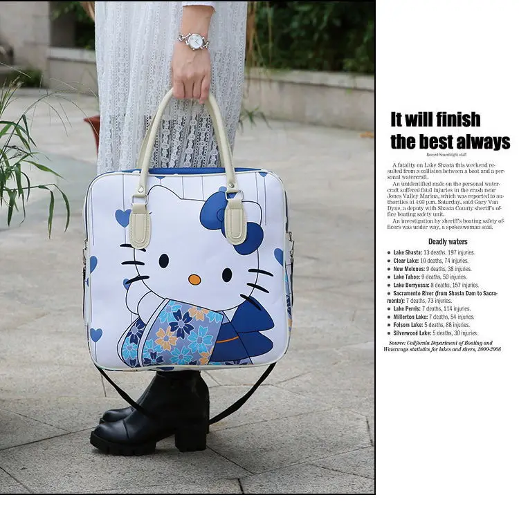 Kawaii Hello Kitty Large Capacity Travel Bag PU Leather Cartoon Female Luggage Bag Business Trip Korean portable for girl women