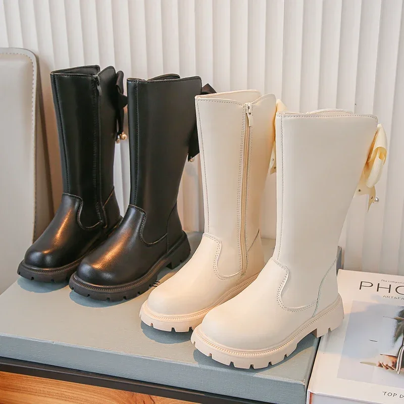Girls Leather Boots Chic Bowtie Causal Long Boots